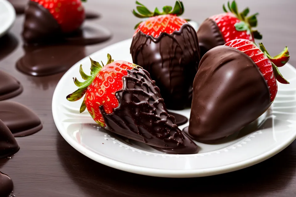 Detalle de condensación o sudor en fresas con chocolate dentro de una nevera.