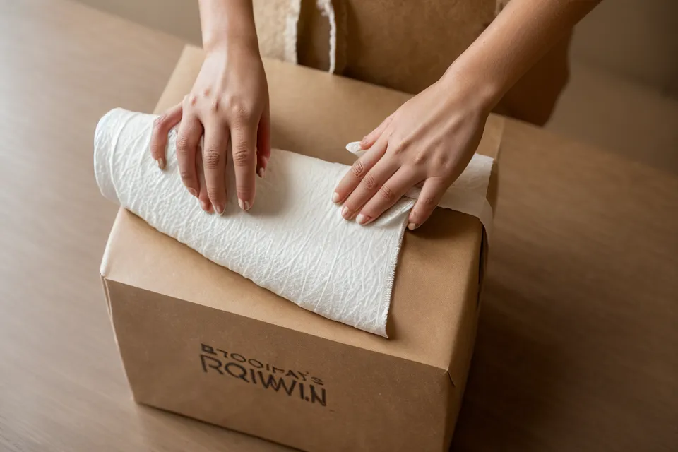 Preparación de una caja de cartón con servilletas absorbentes para guardar postres.