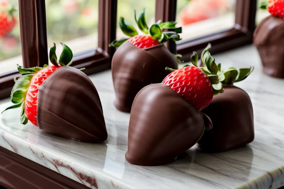 Fresas con chocolate secándose a temperatura ambiente en una cocina despejada.