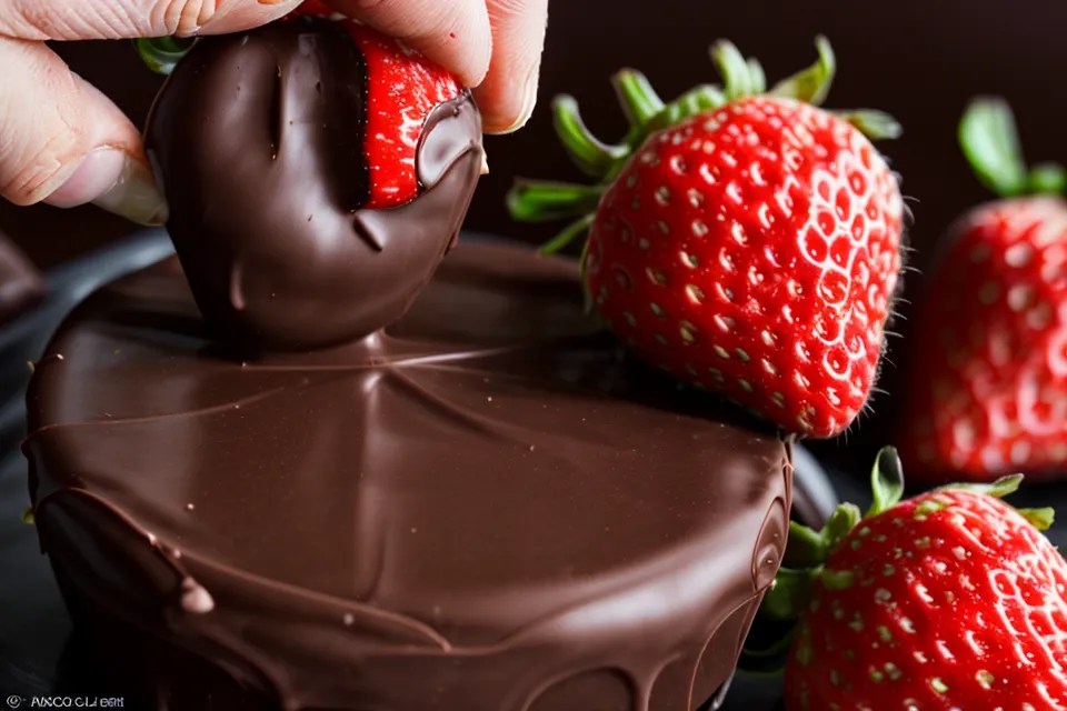 Corte limpio de una fresa con chocolate que muestra una buena conservación.