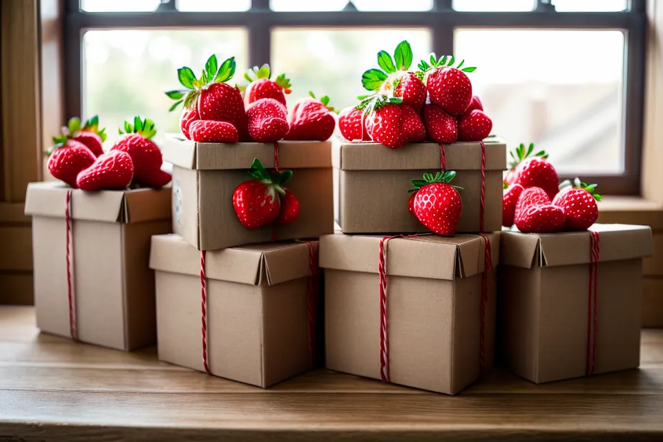 Cajas de regalo con fresas listas para entrega de un emprendimiento casero.