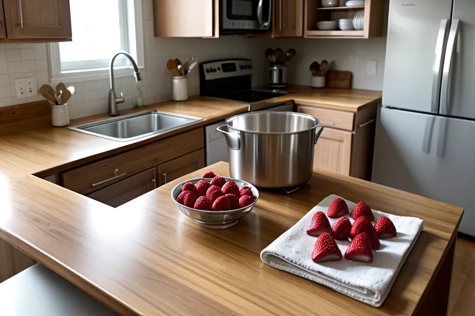 Arreglo de fresas con chocolate sobre la mesa de acero inoxidable impecable y lista para el pedido
