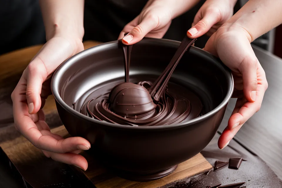 Manos mezclando chocolate derretido al baño maría en un tazón de vidrio.
