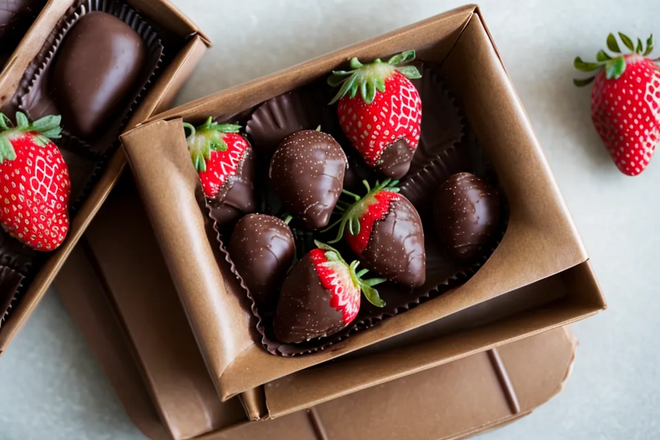 Arreglo final de fresas con chocolate empacado en una caja lista para entrega.