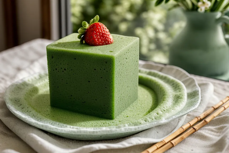 Primer plano de espuma floral verde desmoronándose con una fresa mal apoyada.