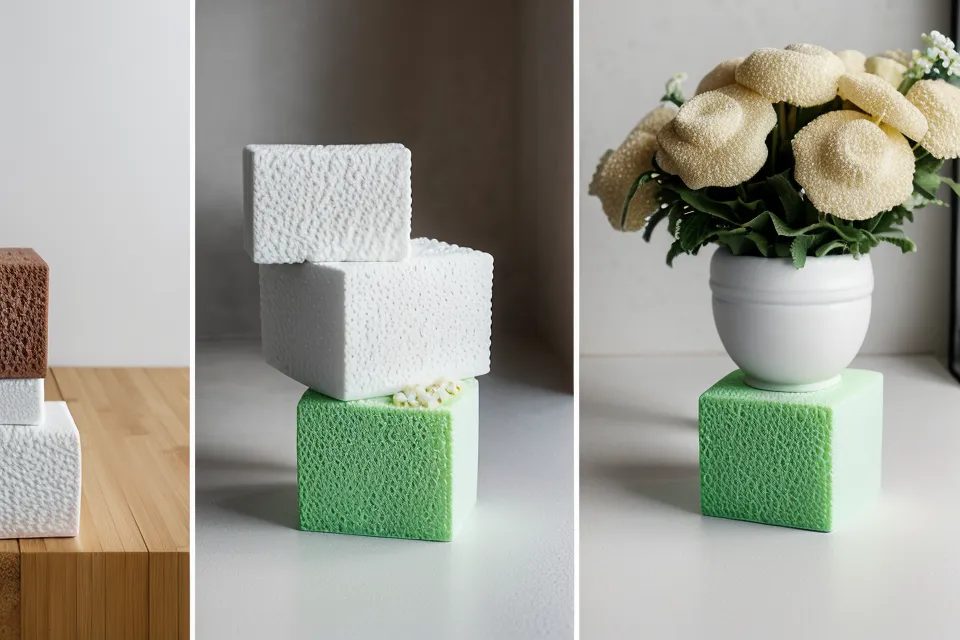 Comparación entre espuma floral verde y bloque de poliestireno de alta densidad.