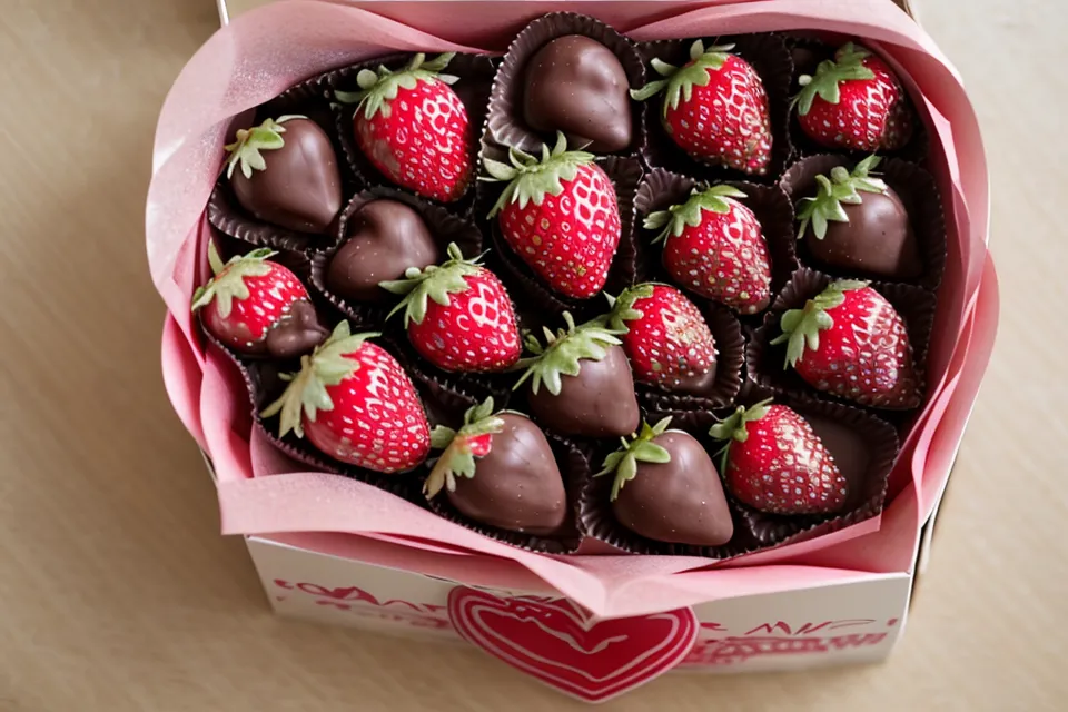 Arreglo de fresas con chocolate terminado y estable en su caja de regalo.