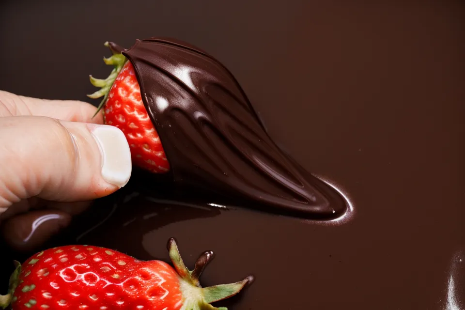 Fresa siendo sumergida en chocolate derretido bajo una luz cálida de cocina.