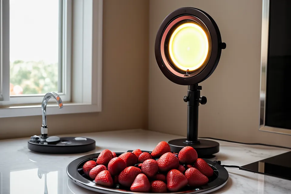 Aro de luz LED iluminando una bandeja de fresas decoradas en un taller casero.