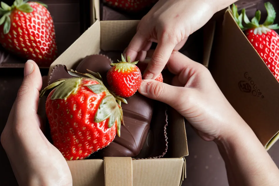 Manos empacando fresas con chocolate perfectamente iluminadas para un pedido.
