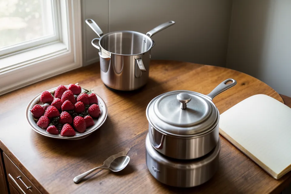Curso de Hotmart sobre fresas con chocolate abierto en una cocina de emprendimiento LATAM