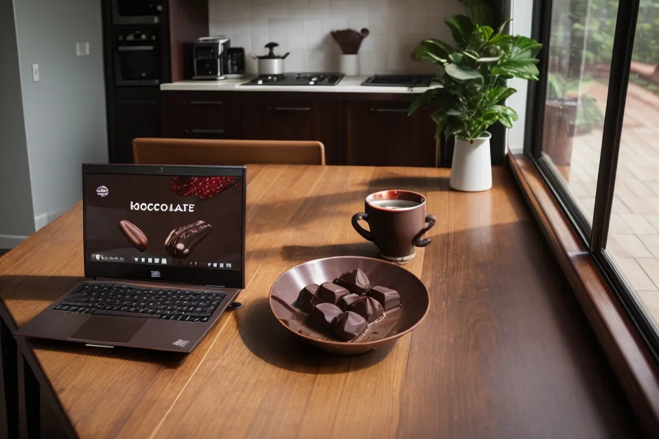 Computador con un curso de emprendimiento en repostería junto a insumos de fresas con chocolate