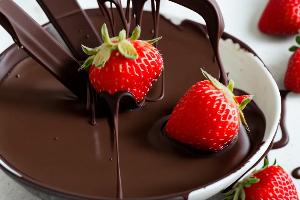 Fresa siendo sumergida en chocolate oscuro brillante en un tazón de vidrio