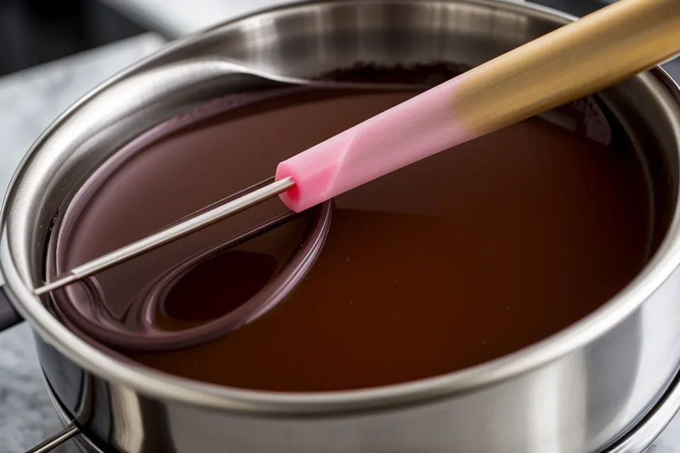 Termómetro de cocina marcando 31 grados en chocolate derretido