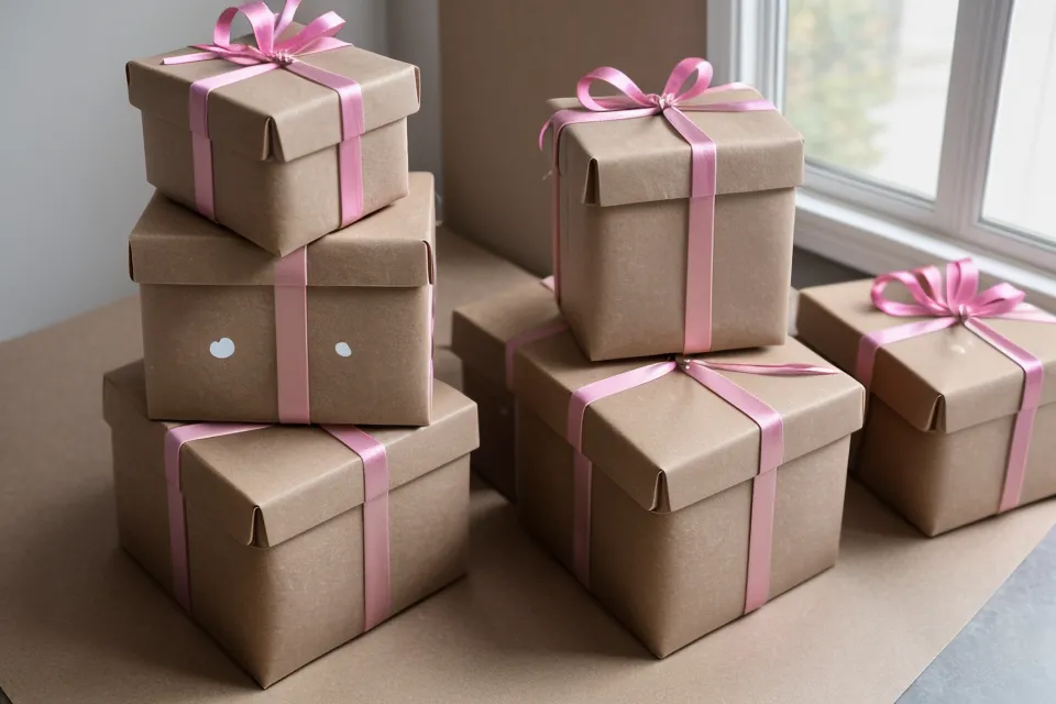 Cajas de empaque kraft y cinta de satén para arreglos de regalo