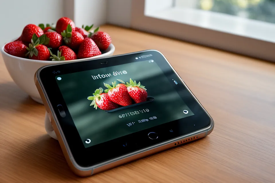 Celular con pedidos de WhatsApp junto a fresas frescas en la cocina