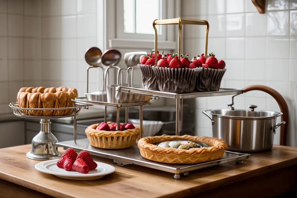 Delantal y equipo de cocina organizados para preparar arreglos de fresas con chocolate
