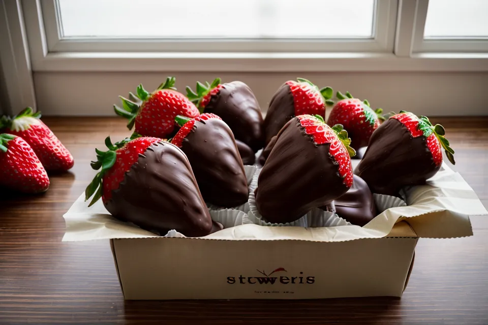 Caja de cartón kraft con fresas decoradas sobre papel parafinado blanco.