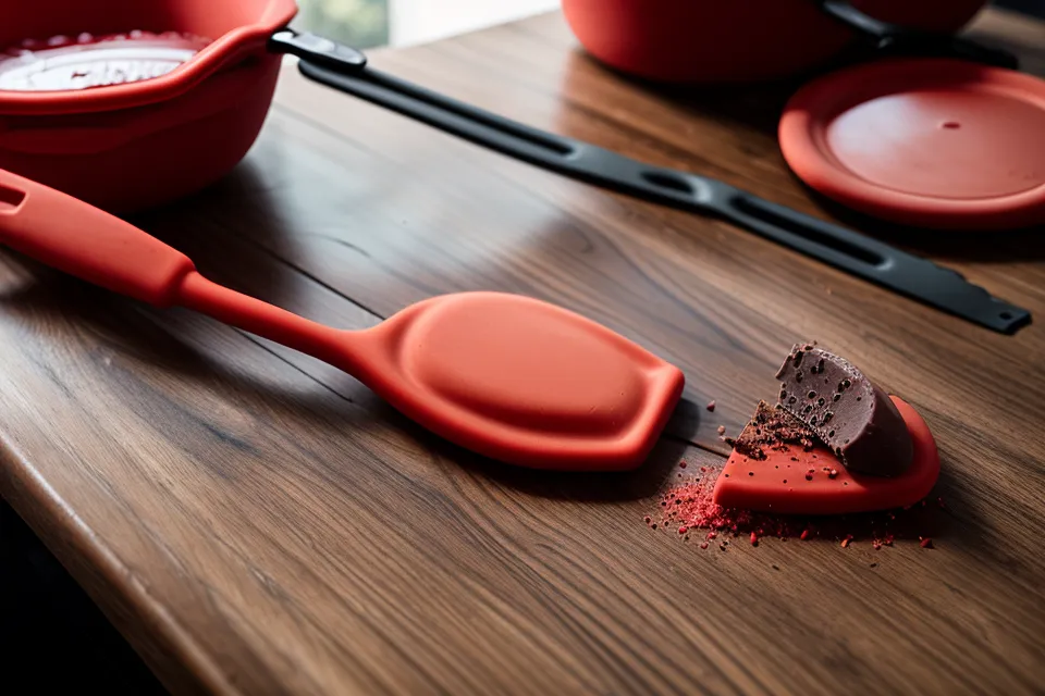 Espátula de silicona roja raspando chocolate derretido de un tazón de vidrio