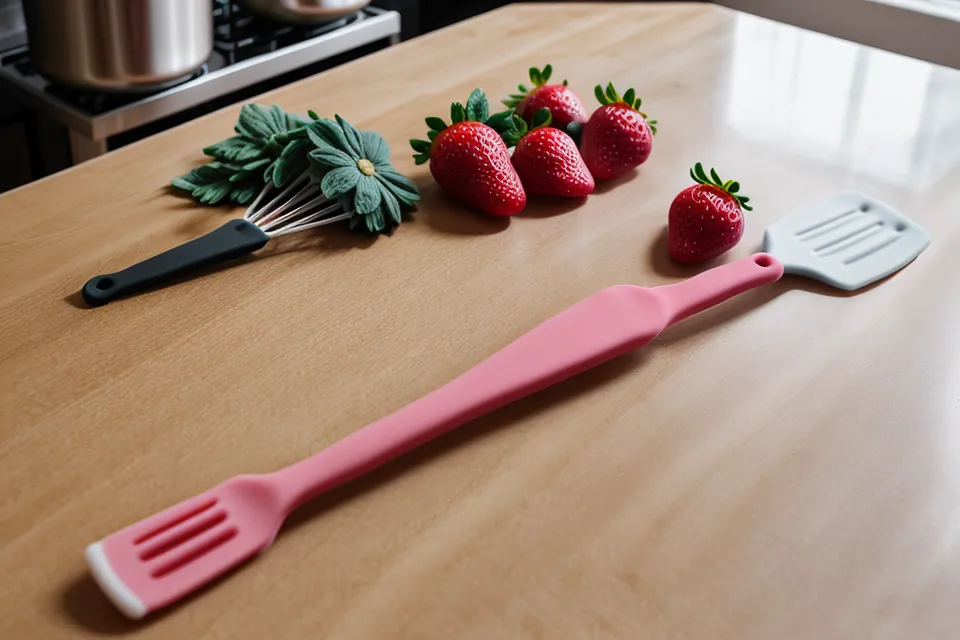 Espátula de 25cm junto a termómetro digital y fresas con chocolate
