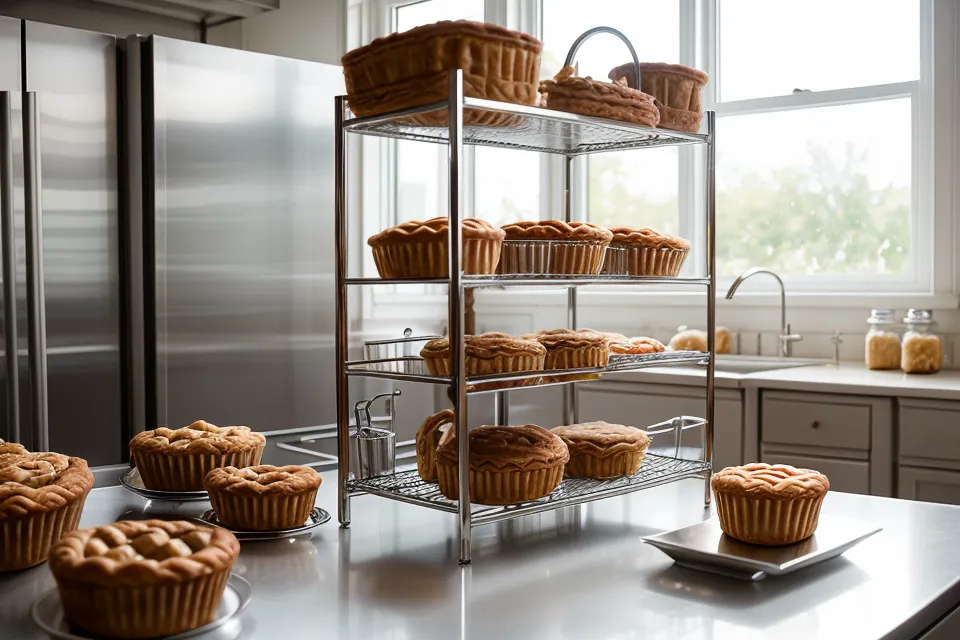 Estación de trabajo de un pequeño emprendimiento de repostería con estantería vertical organizada