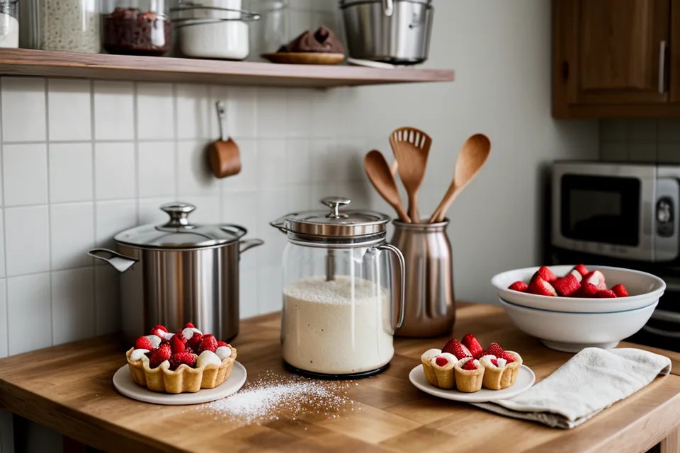 Soporte de hierro forjado para expositor de postres, pesado y resistente en una cocina casera.