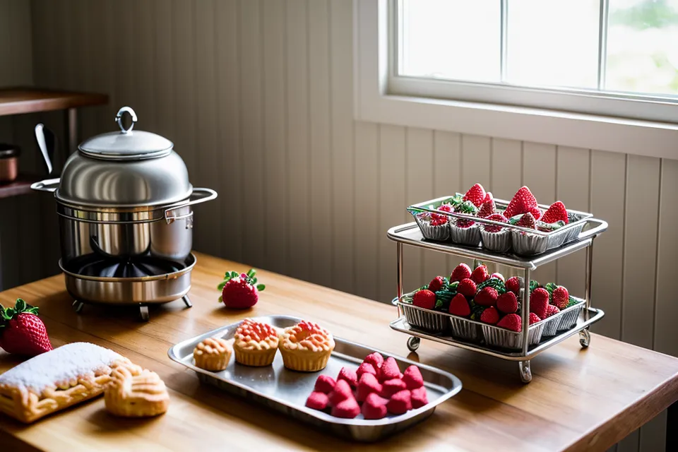 Expositor de acrílico transparente de un solo nivel para fresas con chocolate en mesa de postres.