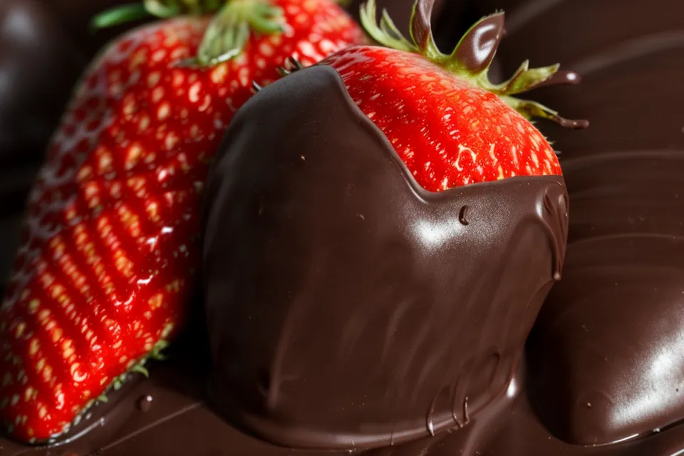 Primer plano de una huella dactilar marcando el chocolate de una fresa.