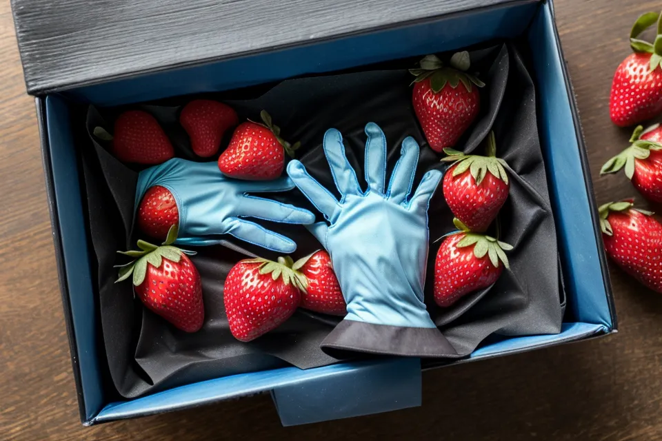 Caja de guantes de nitrilo junto a ingredientes para preparar fresas con chocolate.
