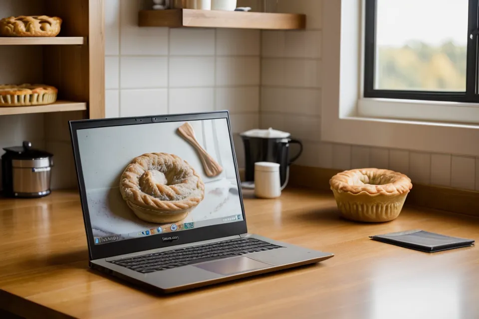 Curso online de repostería abierto en una computadora con herramientas de trabajo cerca.