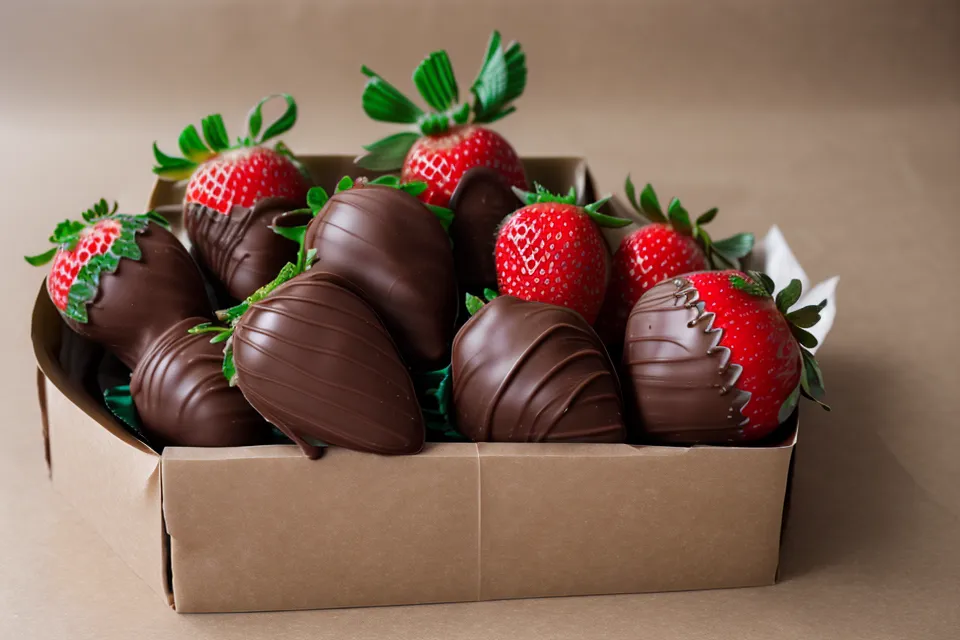 Arreglo final de fresas con chocolate empacado profesionalmente sin marcas.