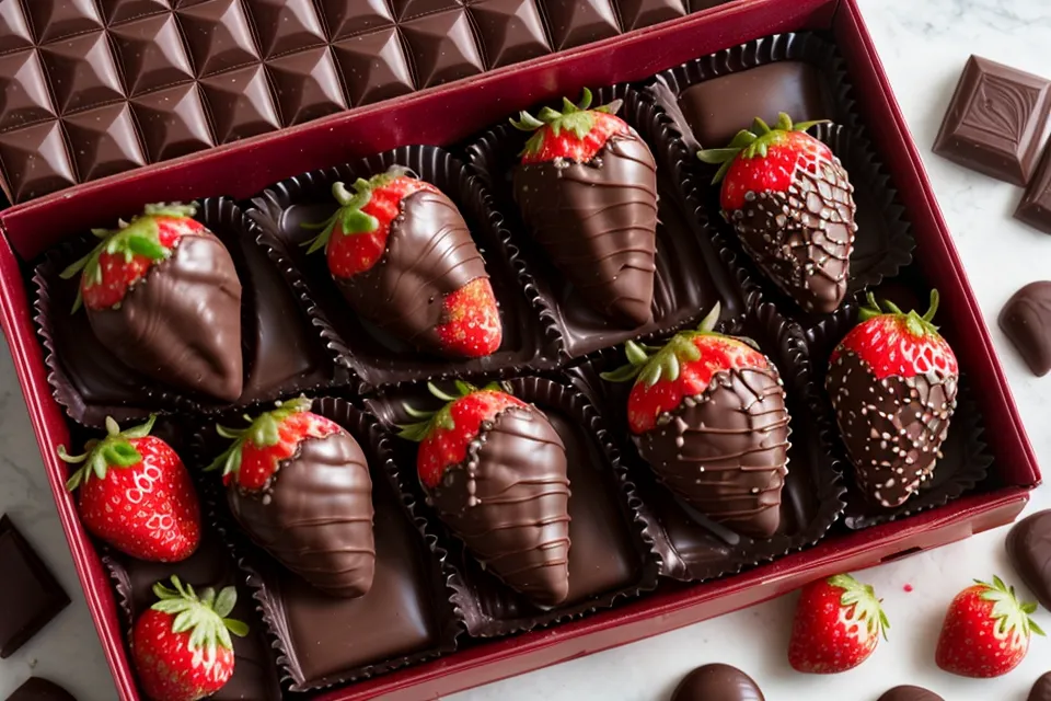 Caja de fresas con chocolate terminada con etiqueta de fecha de vencimiento profesional
