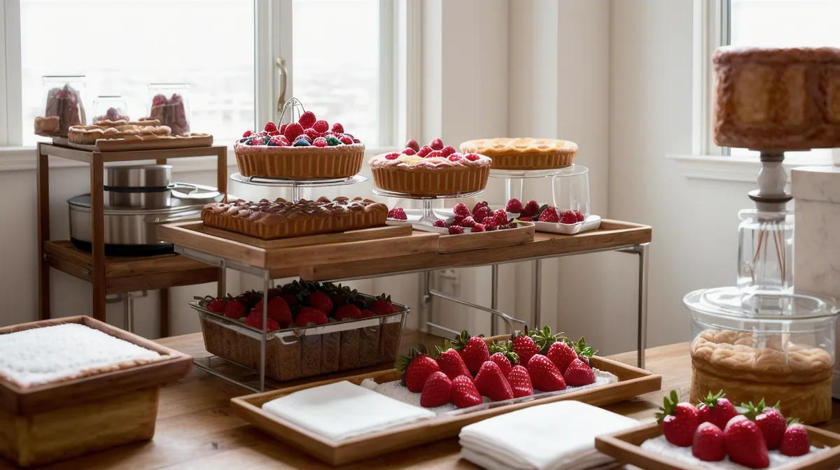 Mesa de trabajo pequeña organizada para armar fresas con chocolate en repostería en casa
