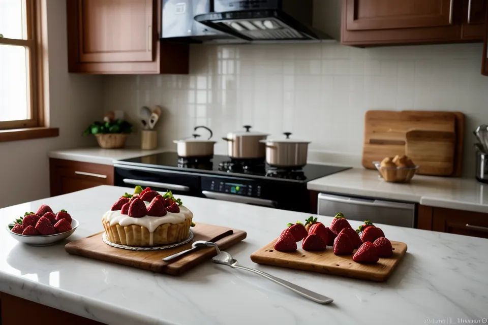 Mesa de comedor baja y desordenada, mal ejemplo de mobiliario de cocina para fresas con chocolate