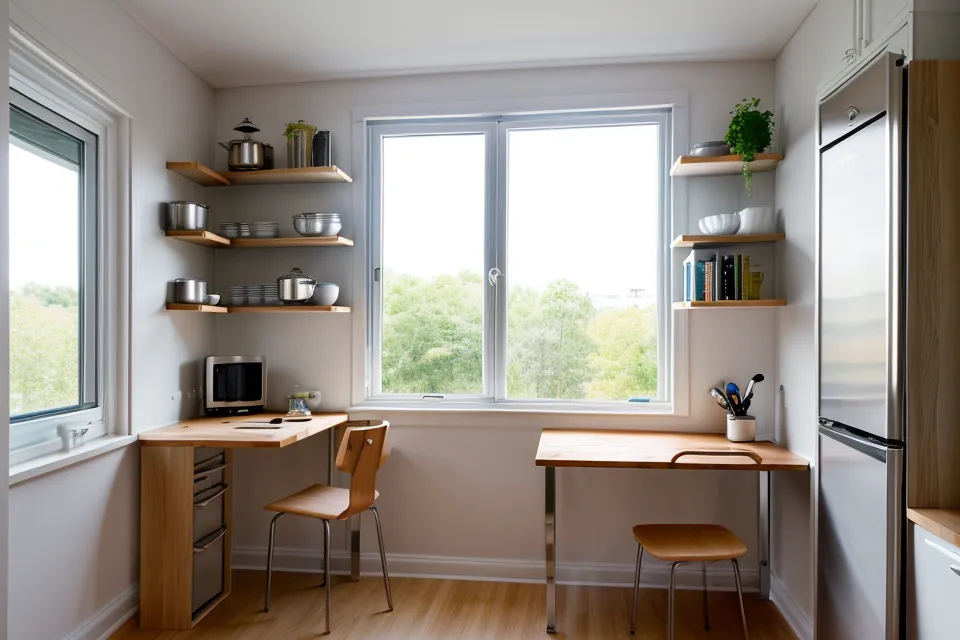 Cocina pequeña con mesa de trabajo y repisas verticales para emprendimiento femenino