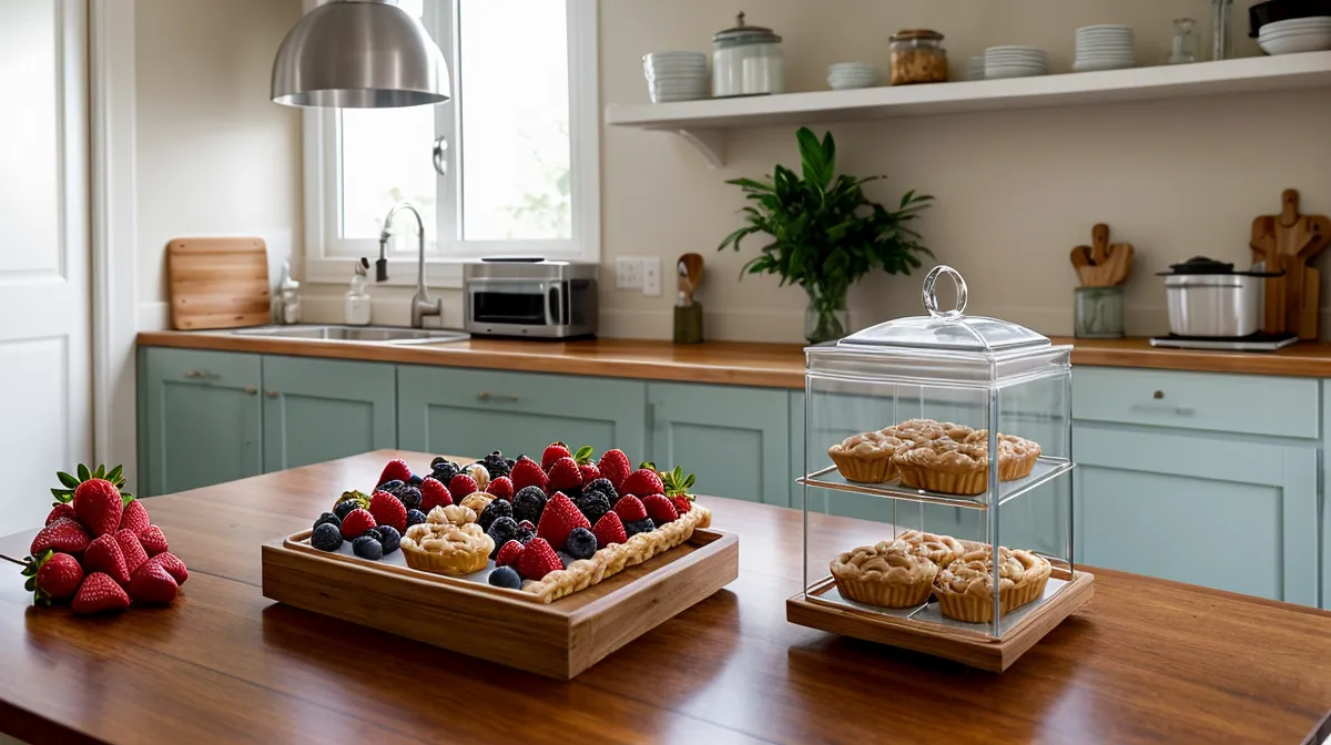 Nevera pequeña para repostería en casa usada para guardar arreglos de fresas con chocolate recién armados