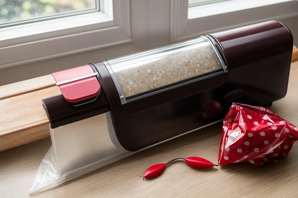Uso de una selladora de impulso manual para cerrar bolsas de fresas con chocolate.
