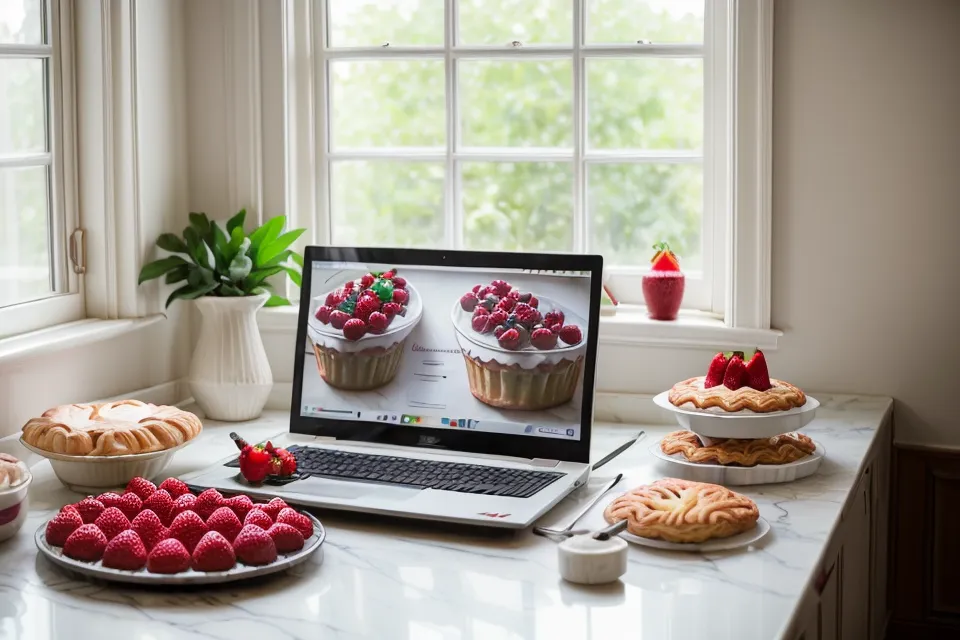 Laptop con curso de repostería junto a pedidos de fresas con chocolate listos.