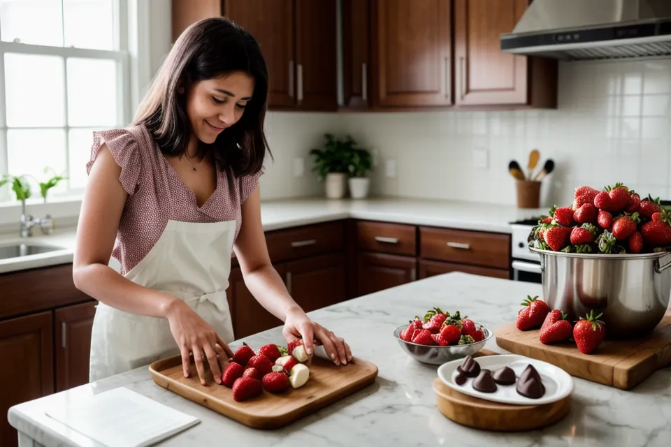Tablet con pantalla dividida mostrando el módulo de costos de un curso y una receta de fresas con chocolate