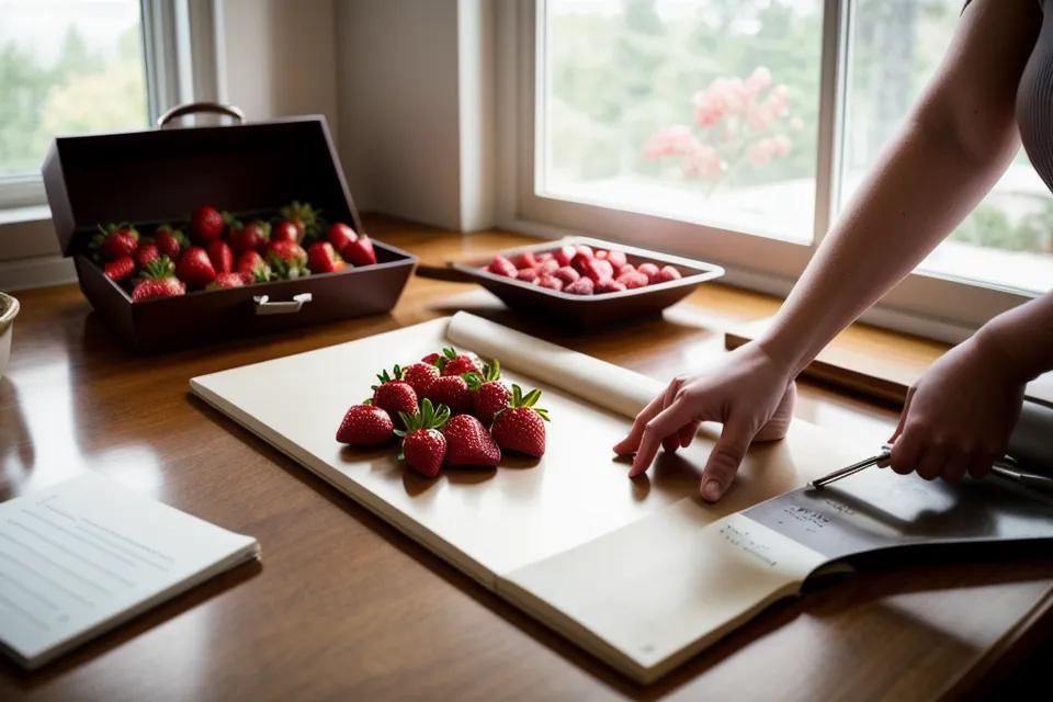 Gestión de pedidos de WhatsApp y preparación de arreglos de fresas con chocolate usando una tablet en el taller