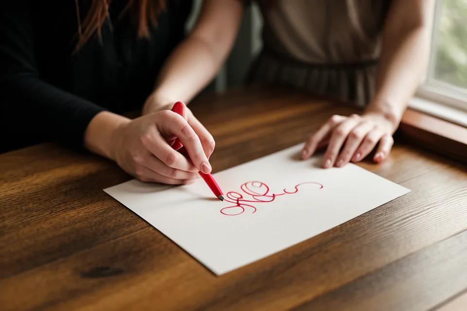 Personalizando a mano una tarjeta de agradecimiento para un pedido de fresas.