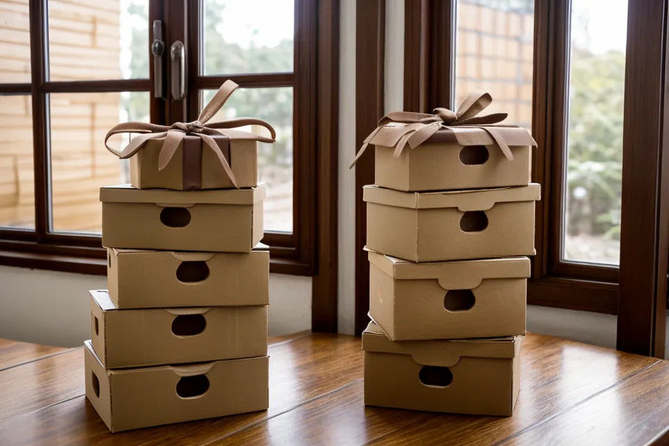 Cajas de pedidos listas para entrega con sus tarjetas de agradecimiento puestas.