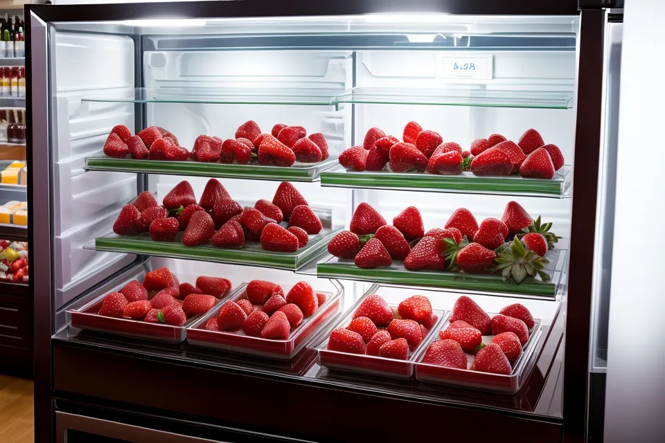 Vitrina de mostrador con refrigeración forzada exhibiendo arreglos de fresas con chocolate