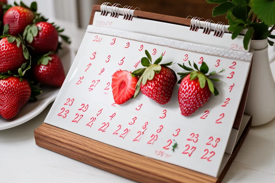 Calendario de fechas especiales para el modelo de suscripción de fresas con chocolate, recién decoradas sobre la mesa