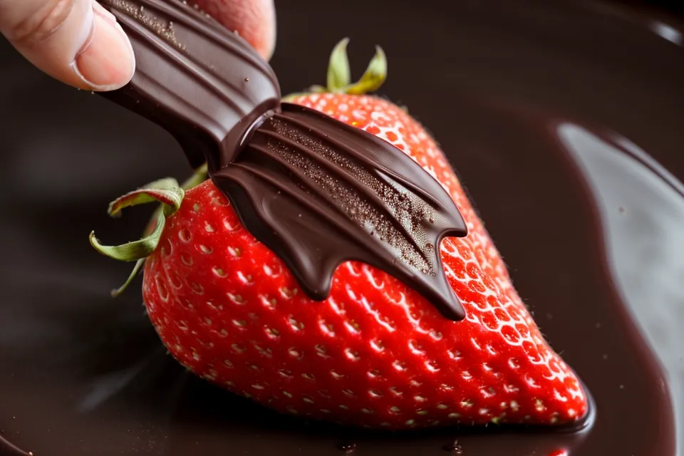 Mano sumergiendo una fresa fresca en cobertura de chocolate oscuro