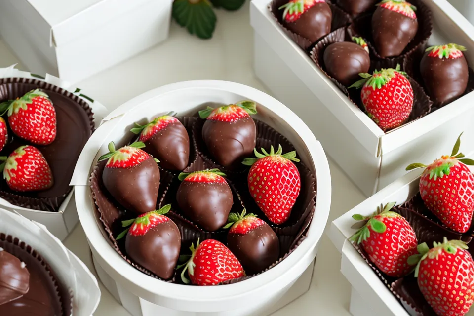 Caja de regalo con fresas con chocolate terminadas y decoradas