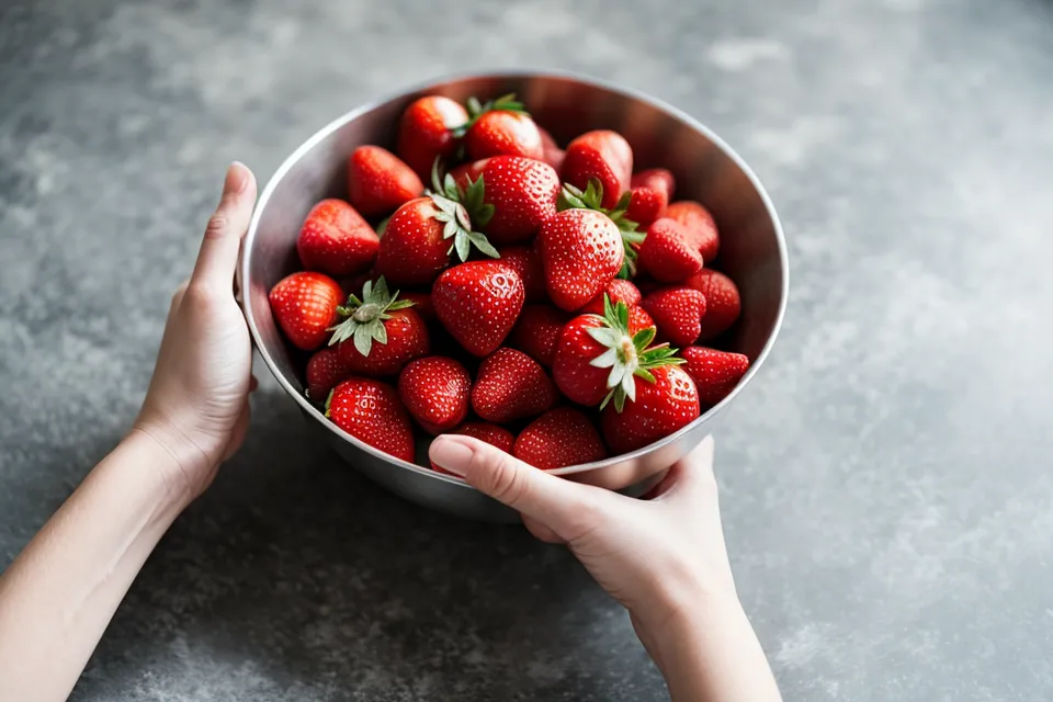 Manos de Catalina secando fresas frescas una a una con papel absorbente en su cocina.